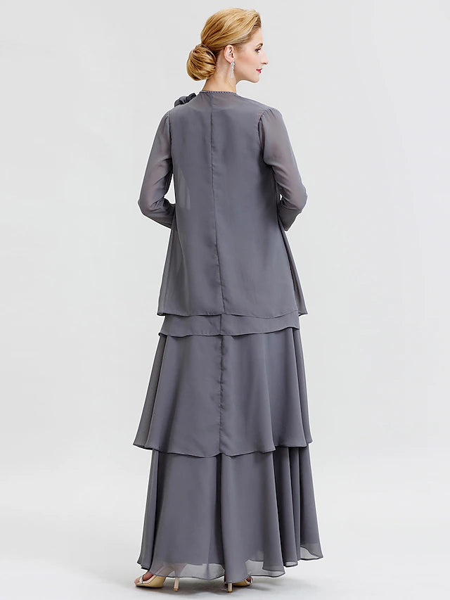 Luolandi A-Line Mother of the Bride Dress Formal Floral Convertible Dress Scoop Neck Floor Length Chiffon Long Sleeve Wrap Included with Beading Flower