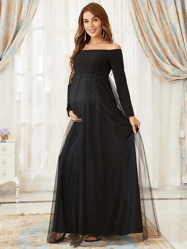 Luolandi A-Line Mother of the Bride Dress Maternity Elegant Off Shoulder Floor Length Tulle Long Sleeve