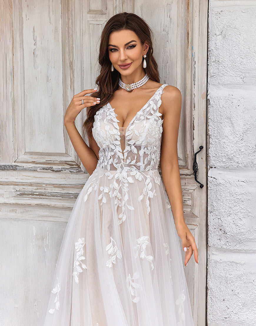 Luolandi Gorgeous A Line Deep V Neck Champagne Tulle Wedding Dress with Lace Open Back