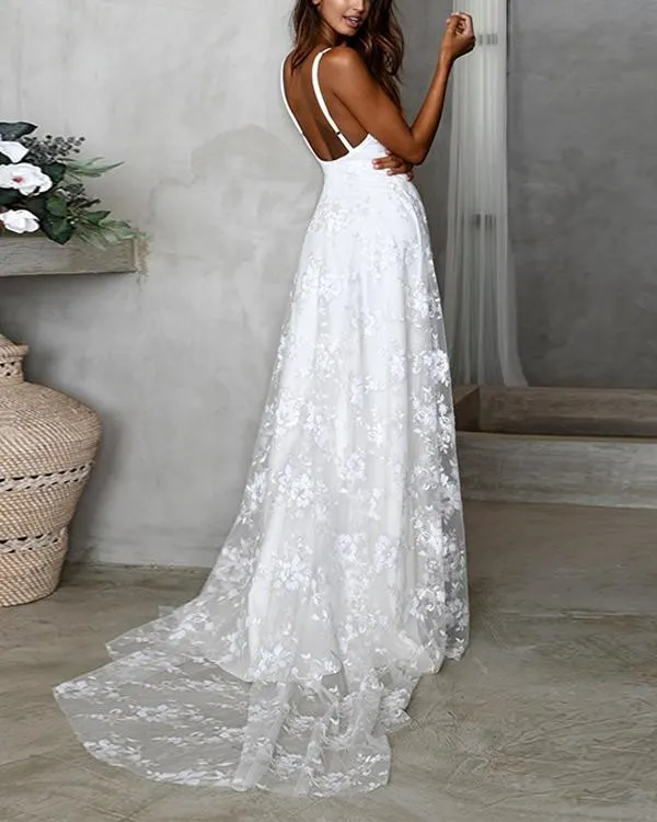 Luolandi Elegant Beach A Line Spaghetti Straps Lace Open Back Long Wedding Dress With Slit