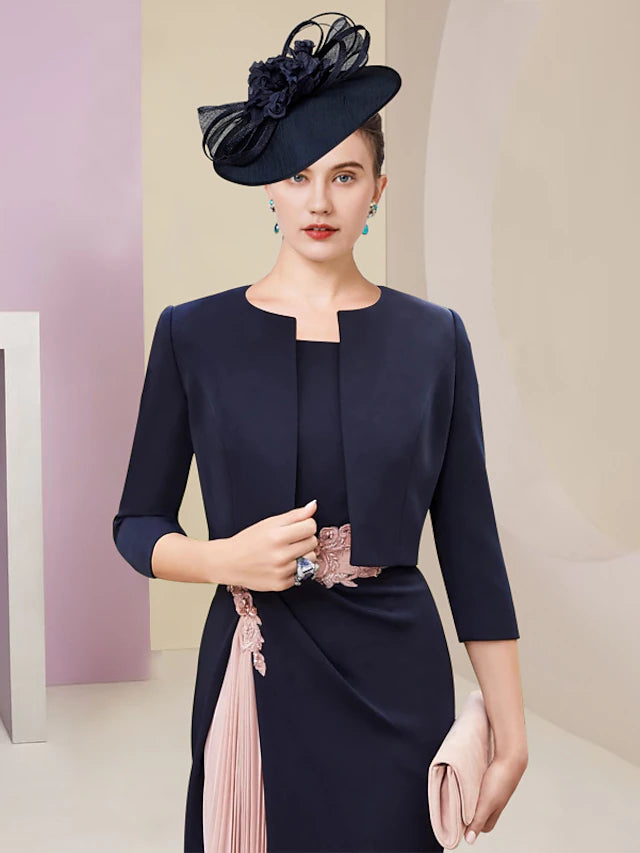 Luolandi Two Piece Mother of the Bride Dress Wedding Guest Elegant Jewel Neck Knee Length Fabric 3/4 Length Sleeve with Pleats