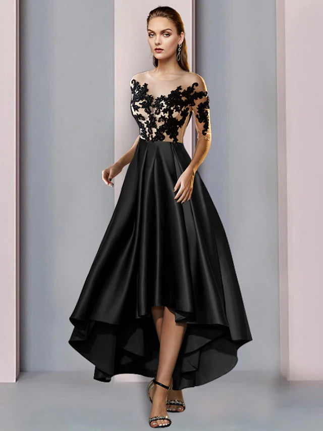 Luolandi A-Line Mother of the Bride Dress Wedding Guest Vintage Elegant Illusion Neck Asymmetrical Satin Lace Half Sleeve