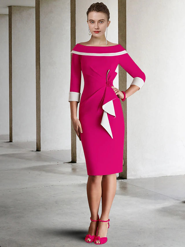 Luolandi Sheath / Column Mother of the Bride Dress Vintage Elegant Off Shoulder Knee Length Fabric 3/4 Length Sleeve with Bow(s)