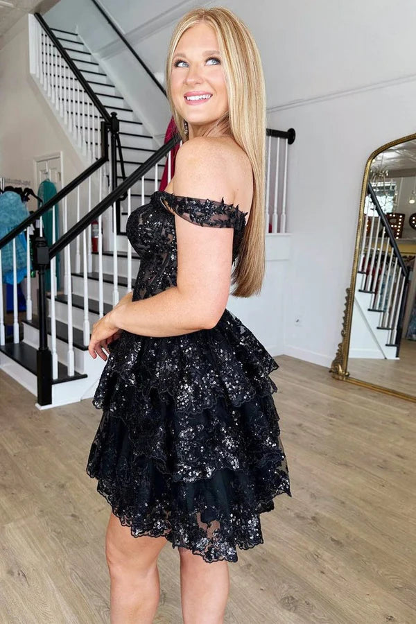 Luolandi Short A-Line Sweetheart Tiered Homecoming Dress Off Shoulder Sparkly Prom Dress
