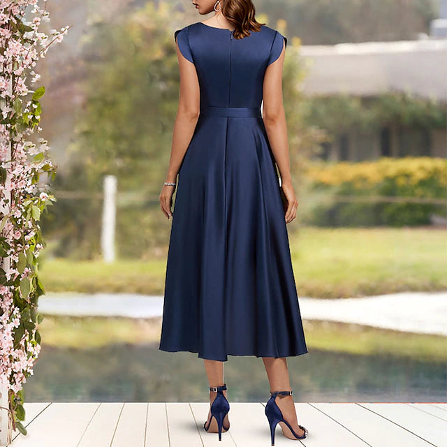 Luolandi A-Line Mother of the Bride Dress Elegant Sexy High Low V Neck Asymmetrical Tea Length Charmeuse Cap Sleeve with Bow(s)