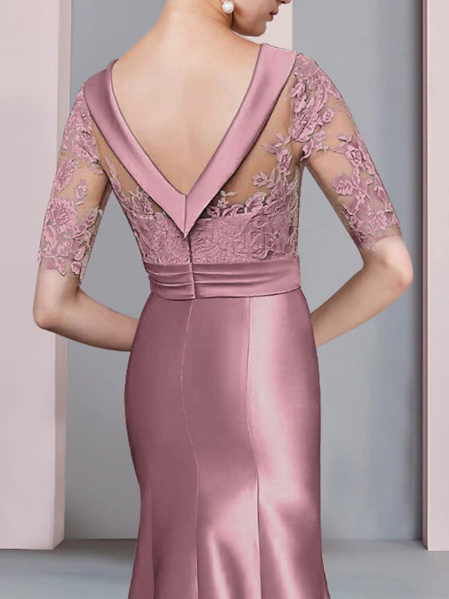 Luolandi Mermaid / Trumpet Mother of the Bride Dress Formal Elegant High Low Scoop Neck Sweep / Brush Train Asymmetrical Satin Lace Half Sleeve with Bow(s)