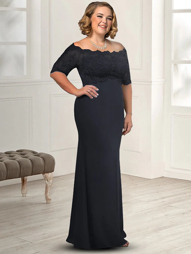 Luolandi Sheath / Column Mother of the Bride Dress Plus Size Elegant Off Shoulder Floor Length Chiffon Lace Half Sleeve
