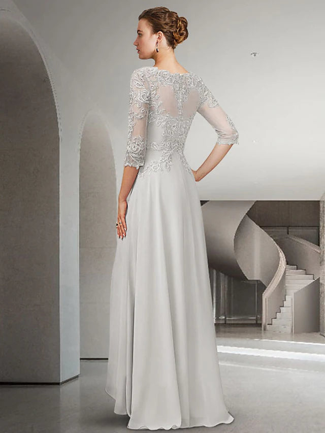 Luolandi A-Line Mother of the Bride Dress Elegant High Low Jewel Neck Sweep / Brush Train Asymmetrical Chiffon Lace 3/4 Length Sleeve with Appliques