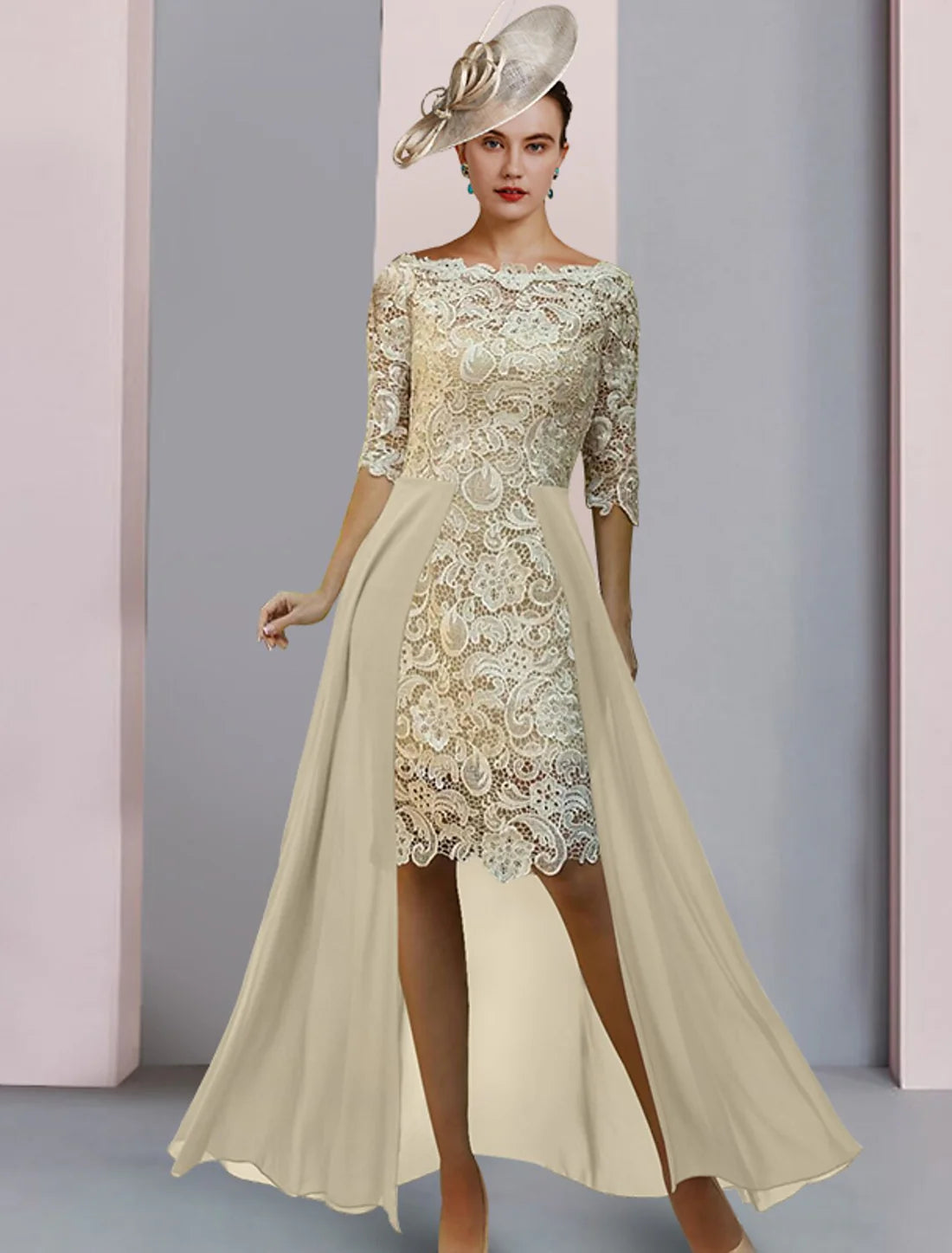 Luolandi Sheath / Column Mother of the Bride Dress Formal Wedding Guest Elegant Scoop Neck Knee Length Chiffon Lace Half Sleeve with Appliques Champagne