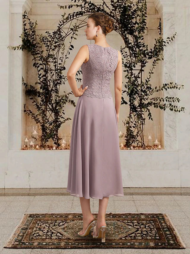 Luolandi Two Piece A-Line Mother of the Bride Dress Church Elegant Jewel Neck Floor Length Tea Length Chiffon Lace Sleeveless Short Jacket Dresses with Appliques