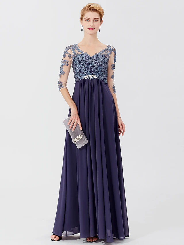 Luolandi Ball Gown A-Line Mother of the Bride Dress Formal Plus Size Elegant V Neck Floor Length Chiffon Sheer Lace 3/4 Length Sleeve with Appliques