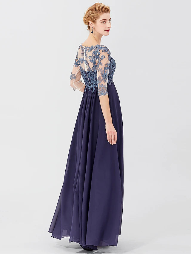 Luolandi Ball Gown A-Line Mother of the Bride Dress Formal Plus Size Elegant V Neck Floor Length Chiffon Sheer Lace 3/4 Length Sleeve with Appliques