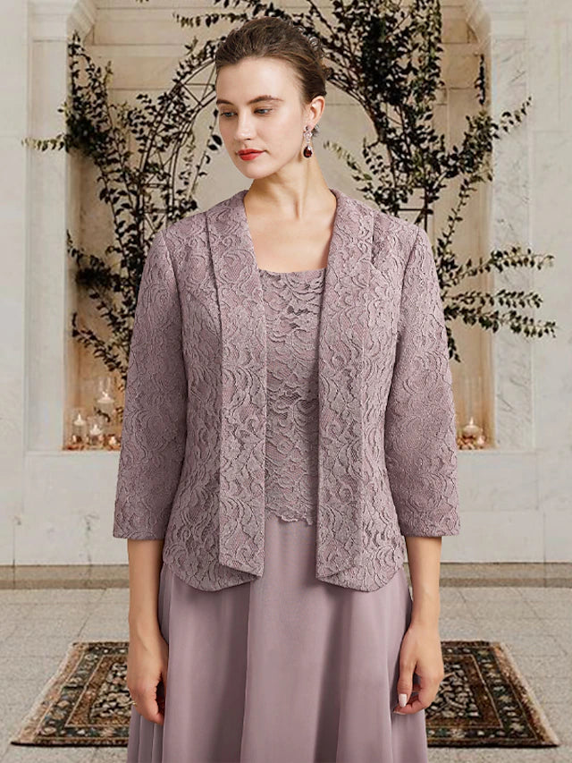 Luolandi Two Piece A-Line Mother of the Bride Dress Church Elegant Jewel Neck Floor Length Tea Length Chiffon Lace Sleeveless Short Jacket Dresses with Appliques