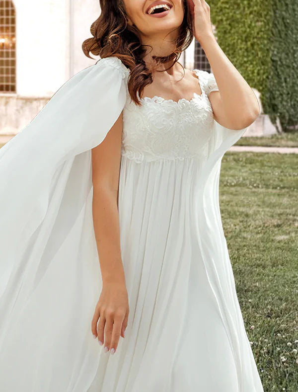 Luolandi Hall Casual Wedding Dresses A-Line Square Neck Sleeveless Sweep / Brush Train Chiffon Bridal Gowns With Pleats Appliques Beautiful