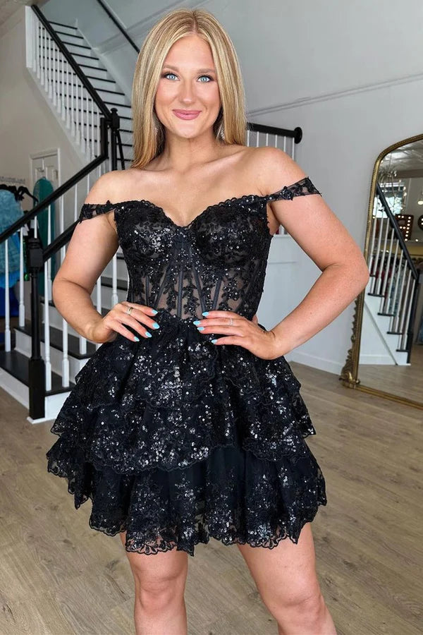 Luolandi Short A-Line Sweetheart Tiered Homecoming Dress Off Shoulder Sparkly Prom Dress