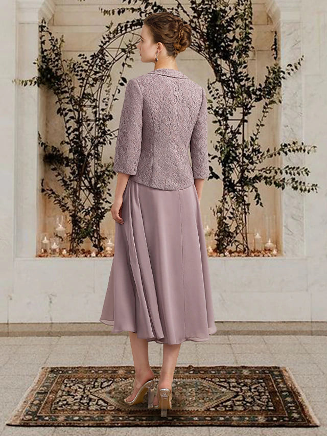 Luolandi Two Piece A-Line Mother of the Bride Dress Church Elegant Jewel Neck Floor Length Tea Length Chiffon Lace Sleeveless Short Jacket Dresses with Appliques