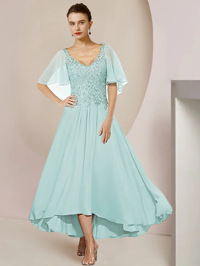 Luolandi A-Line Mother of the Bride Dress Formal Wedding Guest Elegant High Low V Neck Asymmetrical Tea Length Chiffon Lace Short Sleeve with Pleats