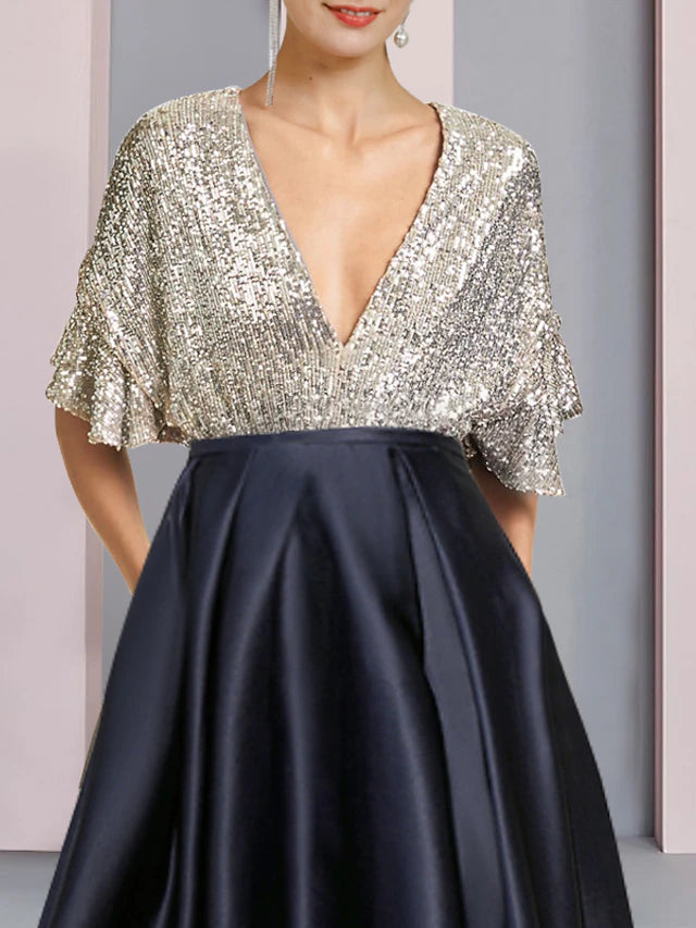 Luolandi A-Line Mother of the Bride Dress Wedding Guest Elegant Sparkle & Shine High Low V Neck Asymmetrical Tea Length Satin Sequined Short Sleeve