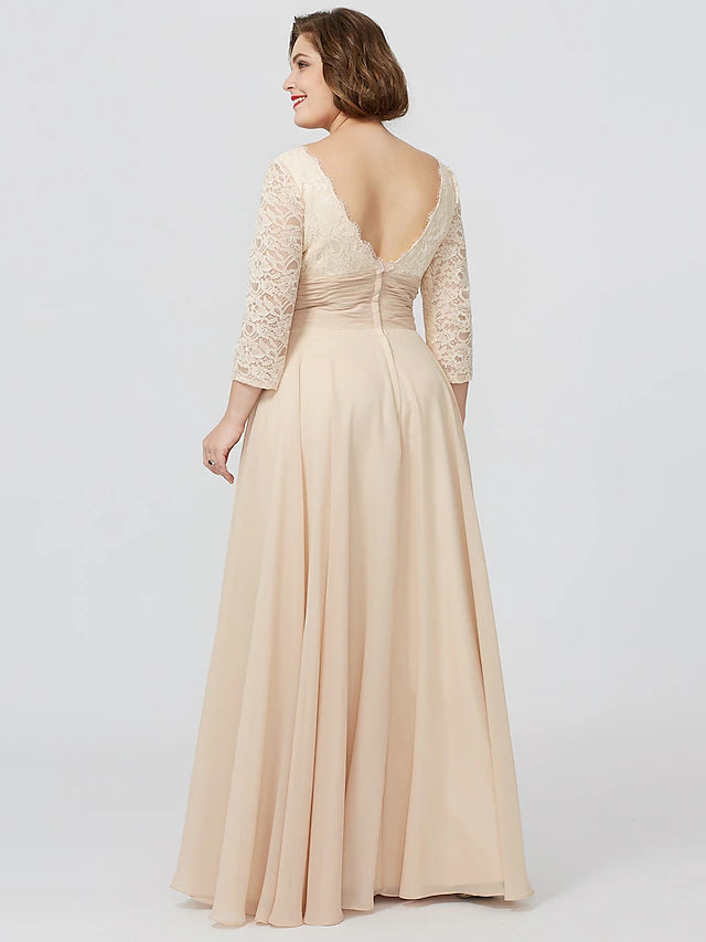 Luolandi Ball Gown A-Line Mother of the Bride Dress Formal Plus Size Elegant V Neck Floor Length Chiffon Sheer Lace 3/4 Length Sleeve with Appliques