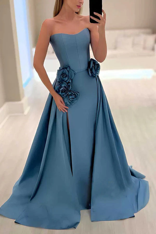 Luolandi Satin A-shaped Sweetheart Flower Embossed Split Party Ball Evening Dress Off Shoulder