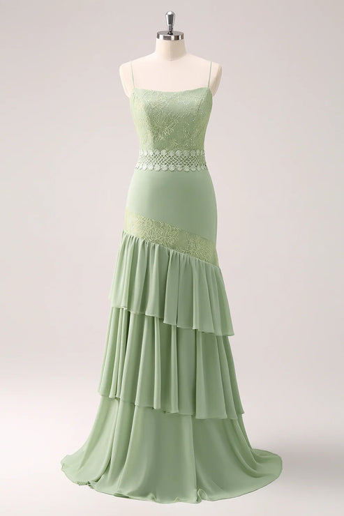 Luolandi Green Floral Rufffled Chiffon Bridesmaid Dress with Lace Floor Length Party Dress