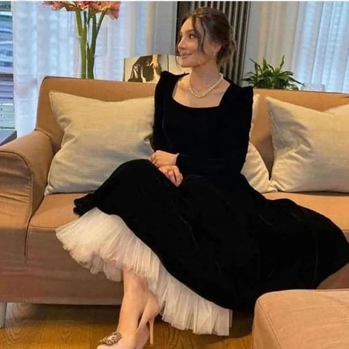 Luolandi Black A-Line Long Sleeves Velvet Formal Long Prom Dress Charming Evening Dress Elegant Formal Dress