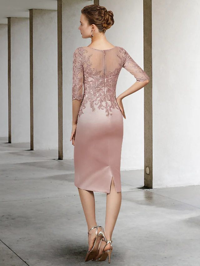 Luolandi Mother of the Bride Dress Elegant Jewel Neck Knee Length Lace Satin Length Sleeve with Appliques Dusty Rose