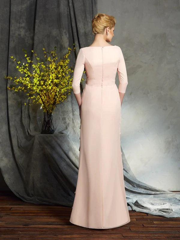 Luolandi Sheath/Column V-neck Hand-Made Flower 3/4 Sleeves Long Chiffon Mother of the Bride Dresses Floor Length