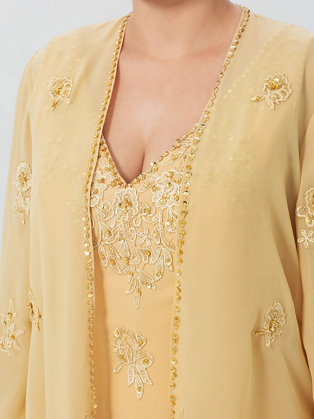 Luolandi A-Line Mother of the Bride Dress Formal Plus Size Elegant High Low V Neck Asymmetrical Chiffon Beaded Lace Long Sleeve Wrap Included with Beading