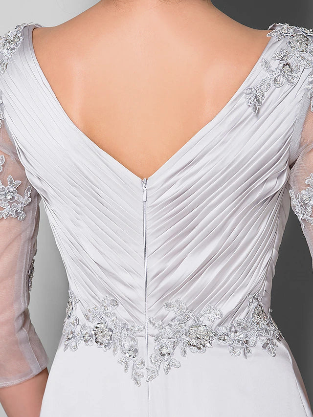 Luolandi A-Line Mother of the Bride Dress V Neck Sweep / Brush Train Satin Chiffon 3/4 Length Sleeve with Criss Cross Beading