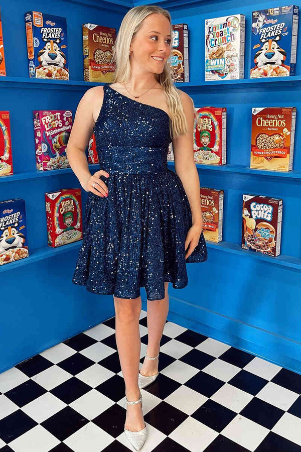 Luolandi A-Line One Shoulder Sequins Homecoming Dress Sparkly Party Dress