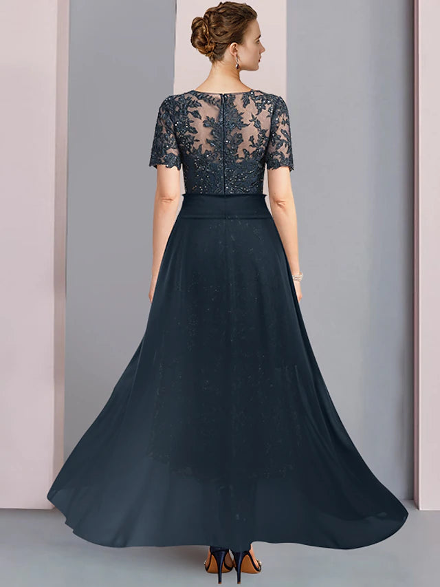 Luolandi Two Piece A-Line Mother of the Bride Dress Elegant Scoop Neck Tea Length Lace Short Sleeve with Sequin