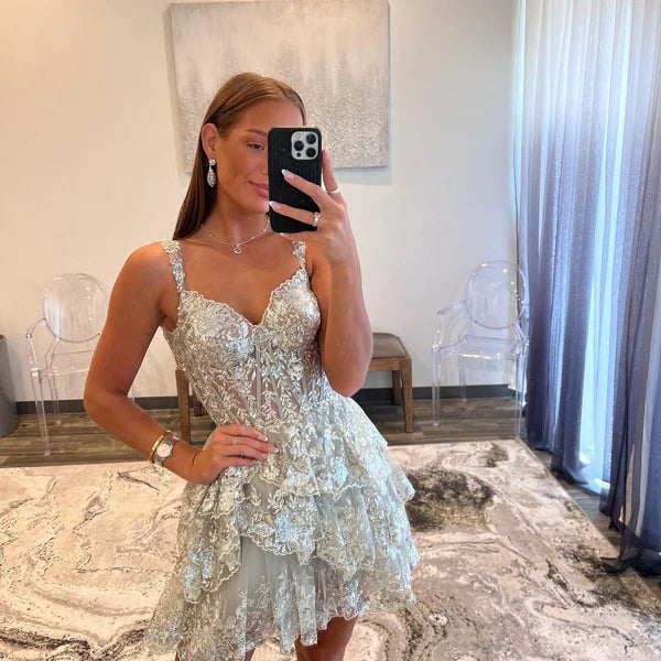 Luolandi Short A-Line Sweetheart Tiered Homecoming Dress Off Shoulder Sparkly Prom Dress