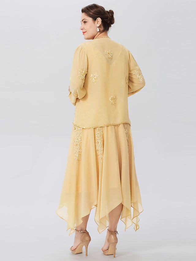 Luolandi A-Line Mother of the Bride Dress Formal Plus Size Elegant High Low V Neck Asymmetrical Chiffon Beaded Lace Long Sleeve Wrap Included with Beading