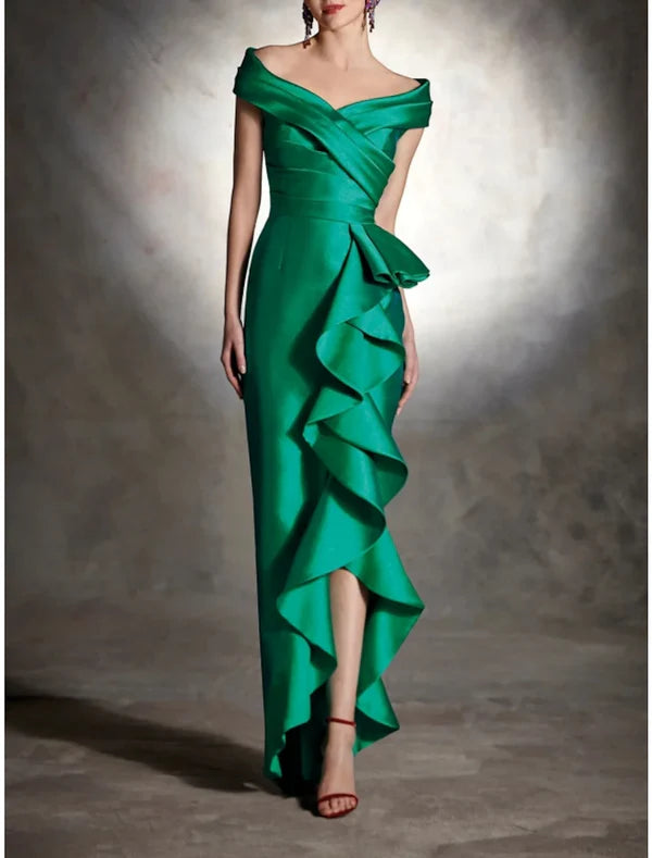 Luolandi Sheath Formal Dress Cocktail Dresses Christmas Red Green Dress Vintage Dress Formal Wedding Guest Asymmetrical Sleeveless Off Shoulder Satin with Ruffles