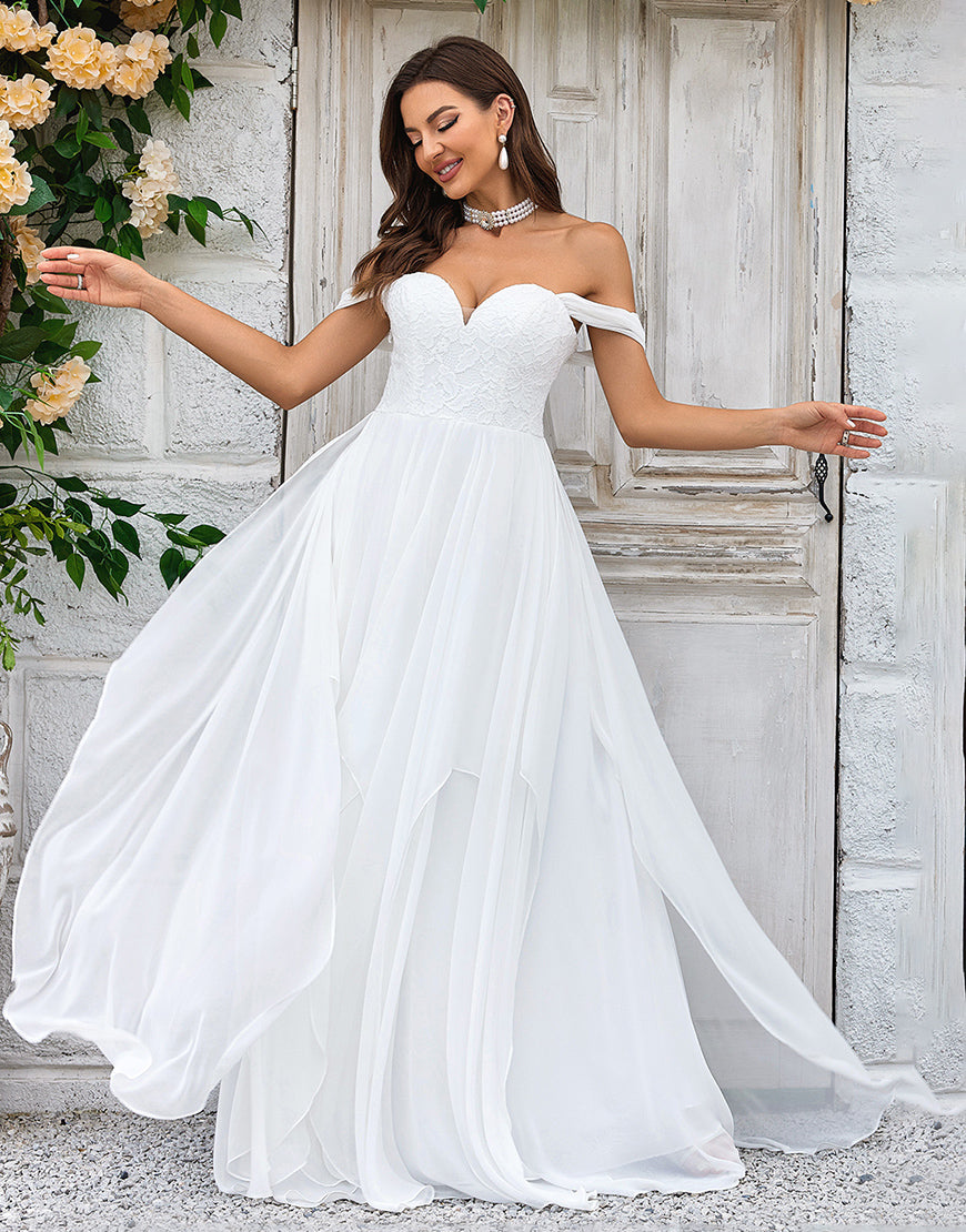 Luolandi Elegant A Line Off the Shoulder Ivory Chiffon Wedding Dress with Lace Sexy