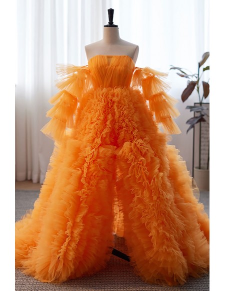 Luolandi Orange Ruffled High Low Puffy Prom Dress Ball Gown Off Shoulder With Slit
