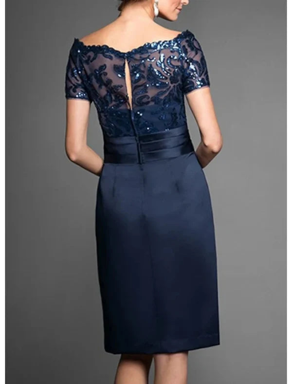 Luolandi Sheath / Column Mother of the Bride Dress Wedding Guest Elegant Off Shoulder Knee Length Chiffon Lace Tulle Short Sleeve with Lace