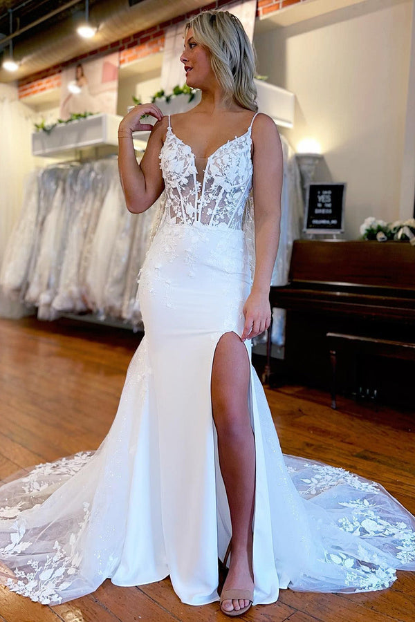 Luolandi Elegant Spaghetti Straps Mermaid Wedding Dress with Appliques And Slit Beautiful Bridal Gown