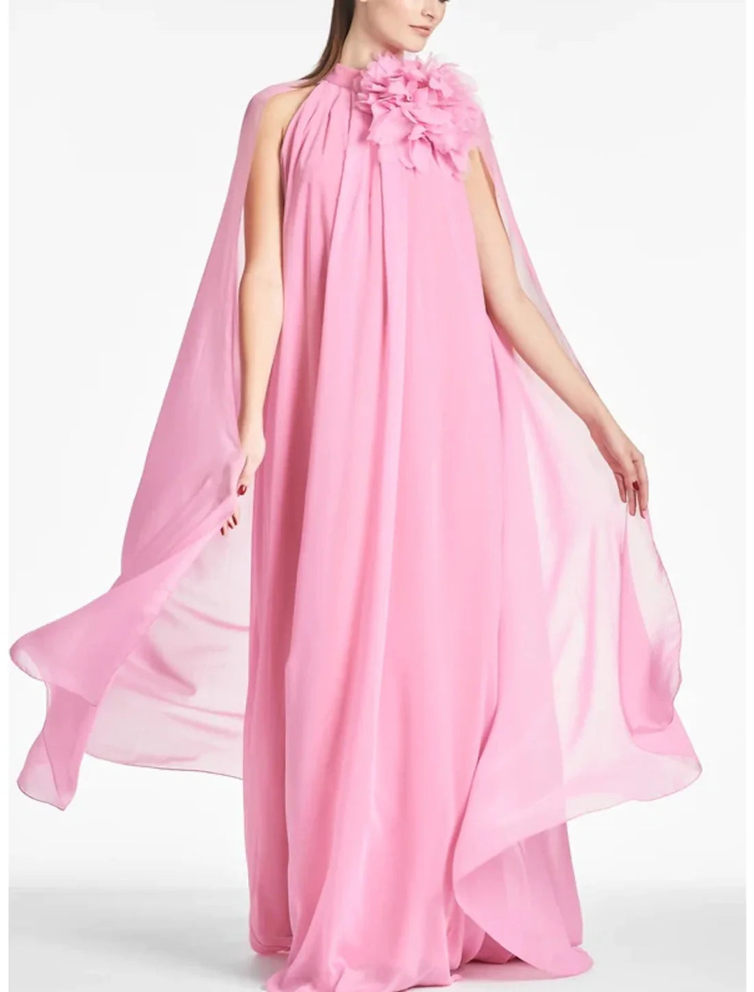 Luolandi A-Line Evening Gown Elegant Dress Formal Prom Floor Length Sleeveless Jewel Neck Chiffon with Shouder Flower Pink Wedding Guest Dress