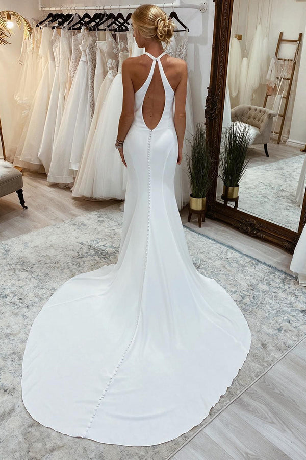 Luolandi Simple Halter Open Back Long Wedding Dress Beautiful