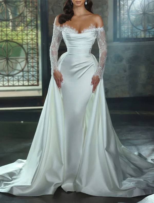 Luolandi Engagement Formal Wedding Dresses Sheath / Column Off Shoulder Long Sleeve Chapel Train Satin Bridal Gowns With Appliques