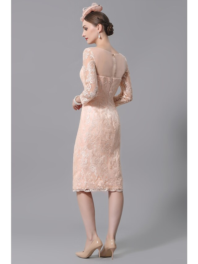 Luolandi Mother of the Bride Dress Plus Size Sexy See Through Bateau Neck Knee Length Lace 3/4 Length Sleeve with Appliques Peach