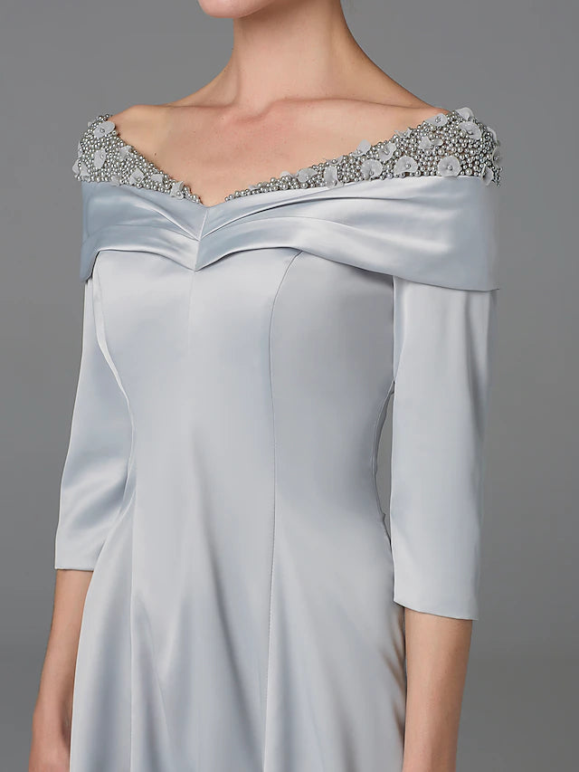 Luolandi A-Line Mother of the Bride Dress Sparkle & Shine High Low Off Shoulder Asymmetrical Satin Half-Sleeve with Lace