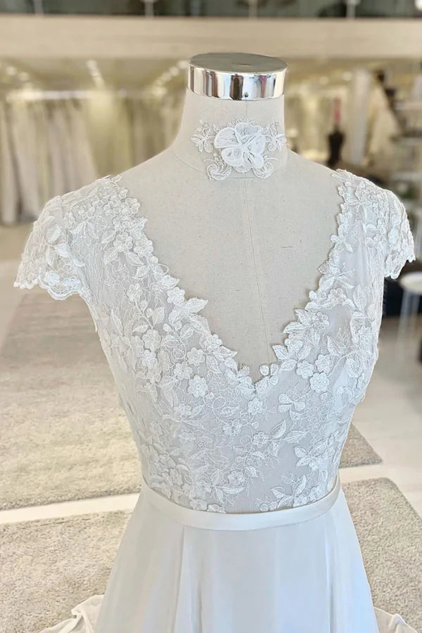 Luolandi V neck lace chiffon long Wedding Dresses V-neck Open Back Beautiful