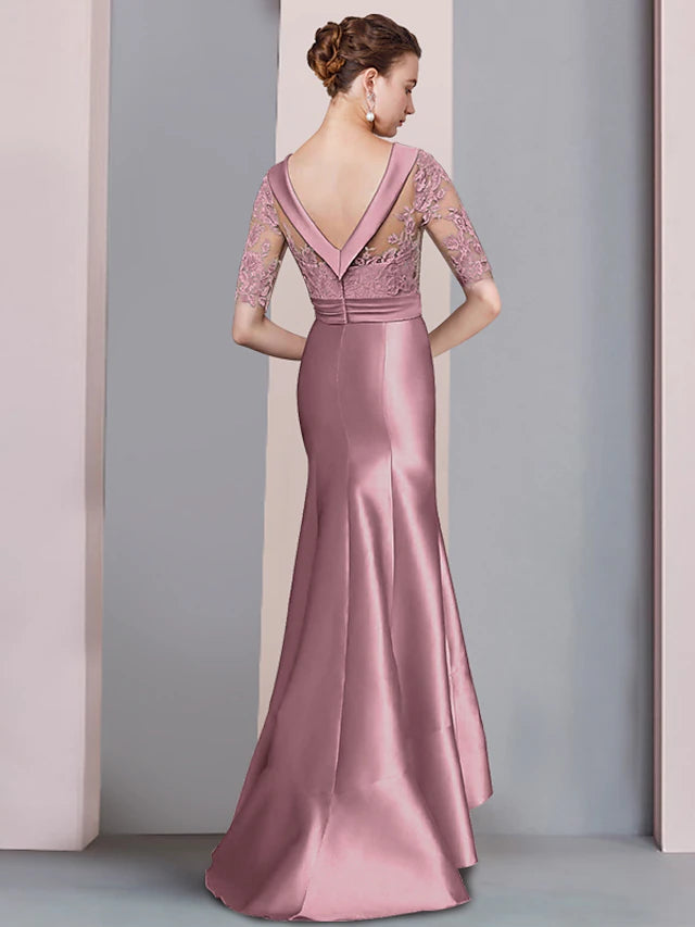 Luolandi Mermaid / Trumpet Mother of the Bride Dress Formal Elegant High Low Scoop Neck Sweep / Brush Train Asymmetrical Satin Lace Half Sleeve with Bow(s)