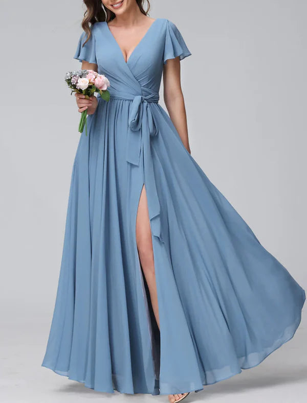 Luolandi A-Line/Princess V-Neck Floor-length Long Bridesmaid Dresses With Slit Sexy Party Dress
