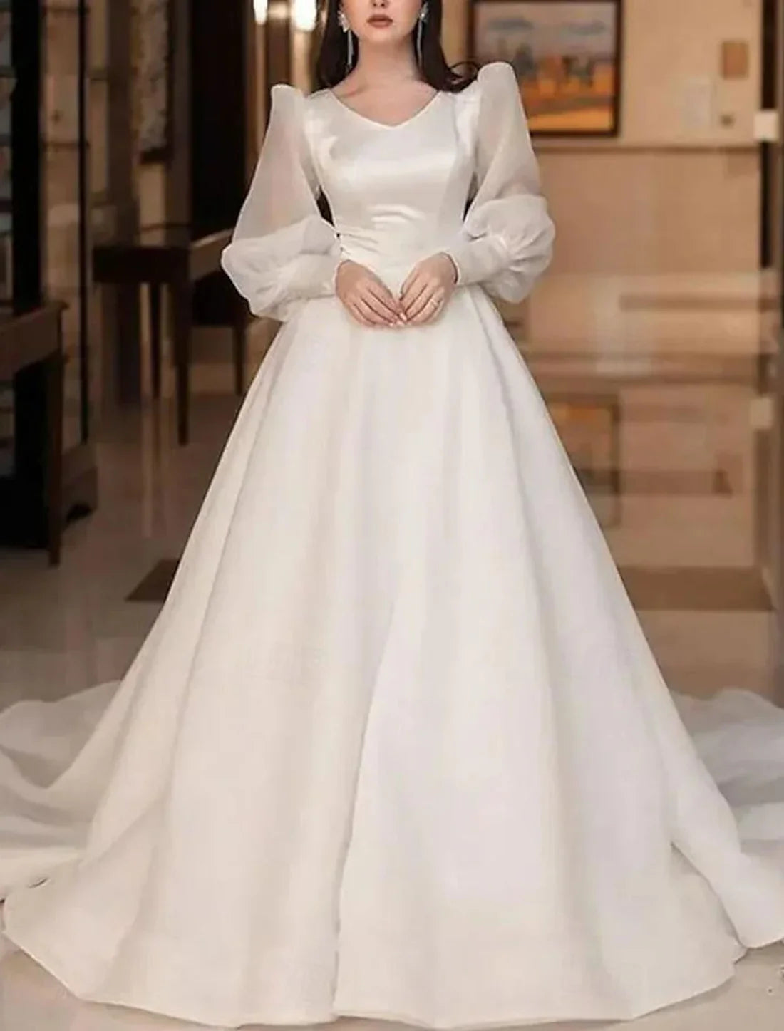 Luolandi Hall Formal Wedding Dresses A-Line V Neck Long Sleeve Chapel Train Satin Bridal Gowns