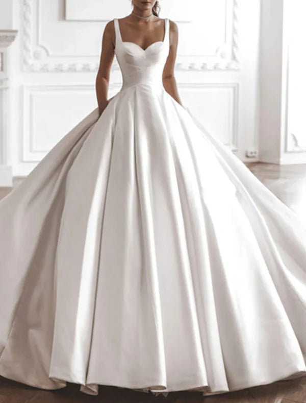 Luolandi Royal Style Formal Wedding Dresses Ball Gown Square Neck Sleeveless Chapel Train Satin Bridal Gowns