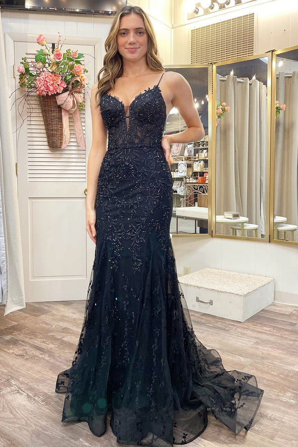 Luolandi Black Appliques Plunge V Lace-Up Trumpet Prom Gown Sexy Evening Dress